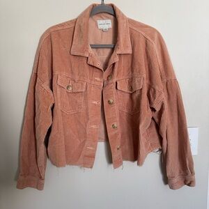American Eagle Pink Coral Cropped Corduroy Jacket Women’s Size M Fray Shirt